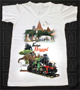 เสื้อยืดคอวีพร้อมสกรีนลายแหล่งท่องเที่ยว ลายกาญจนบุรี